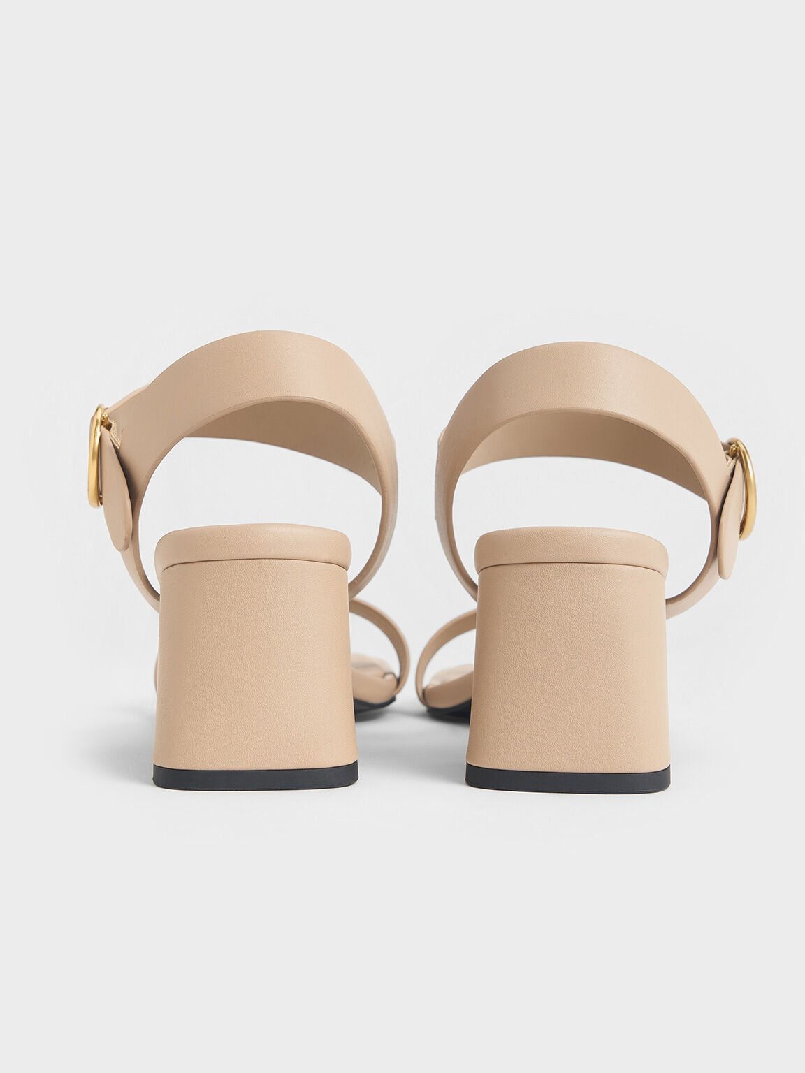 Buckled Square-Toe Trapeze-Heel Sandals, Nude, hi-res