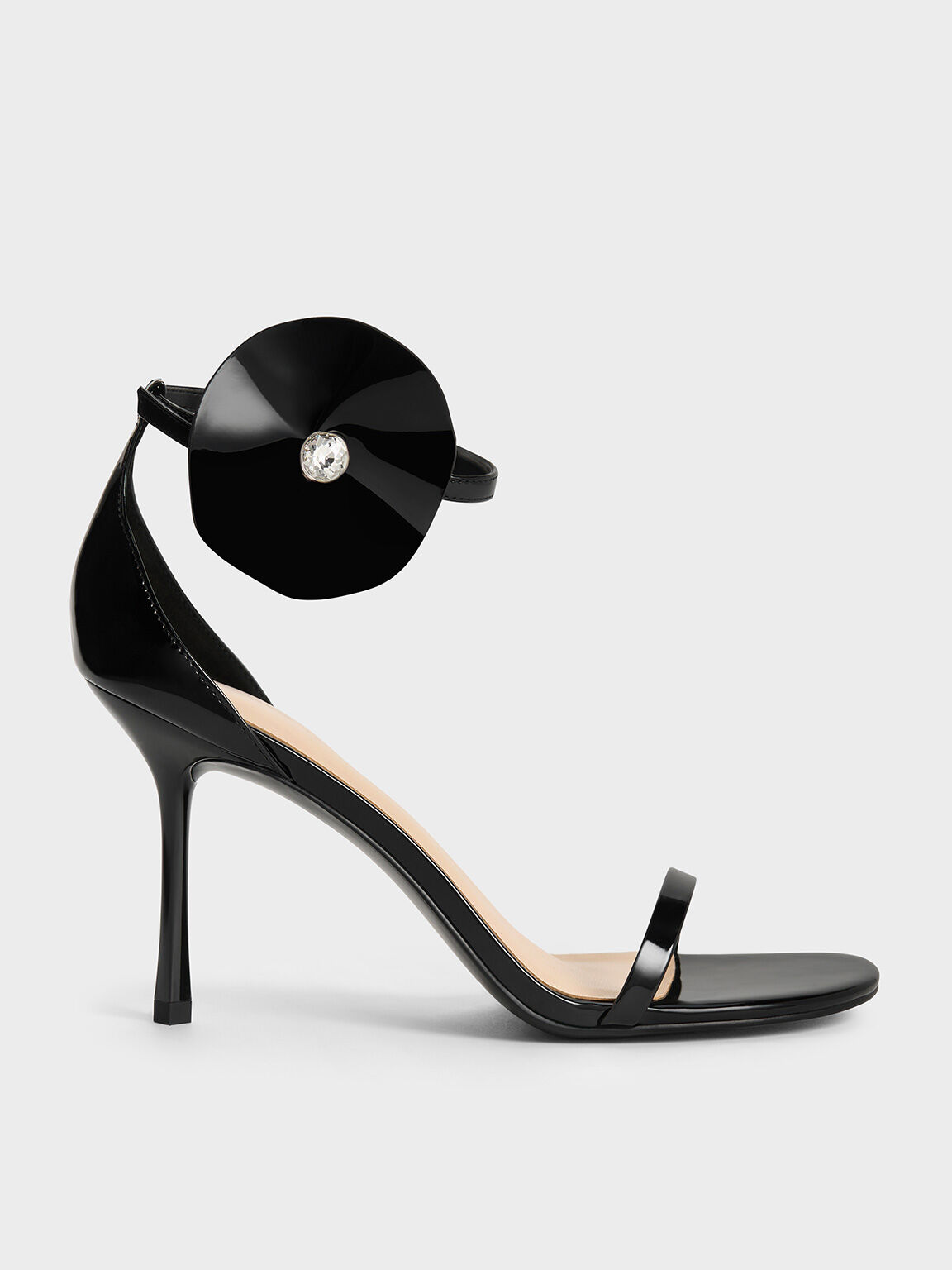 Patent Flower-Accent Stiletto-Heel Sandals, Black Patent, hi-res