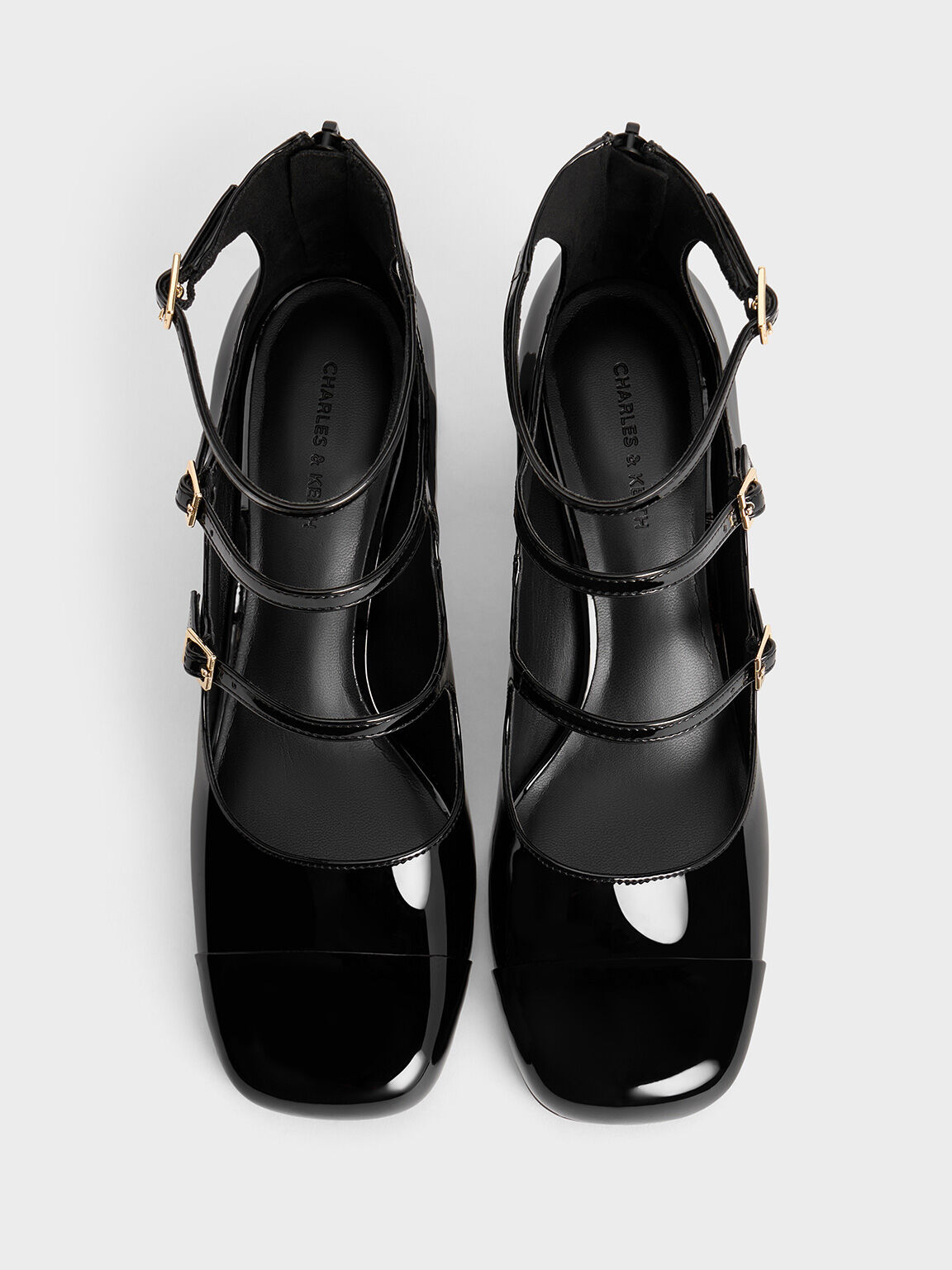 Patent Triple-Strap Cap-Toe Mary Jane Pumps, Black Patent, hi-res