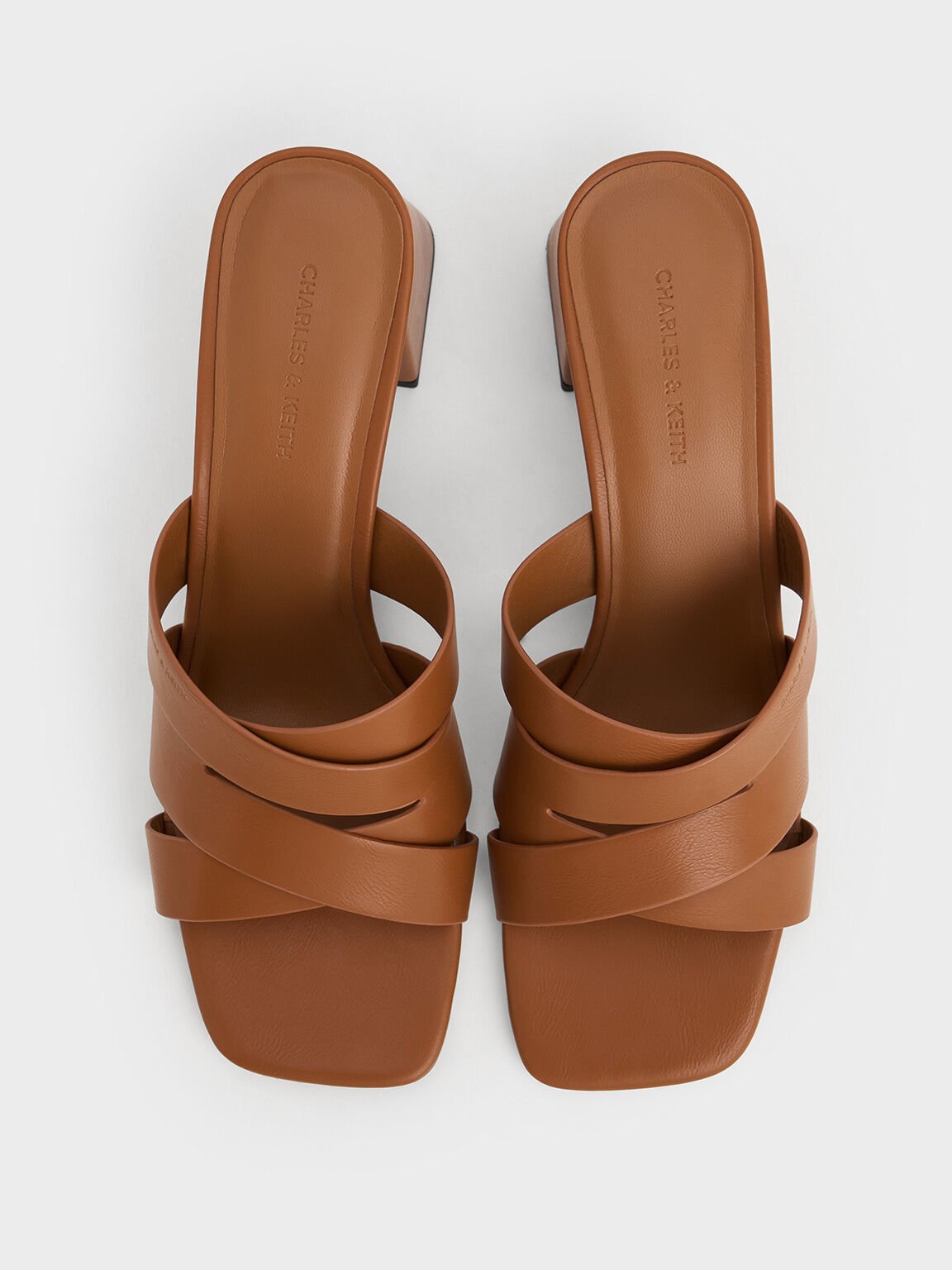 Crossover-Strap Square-Toe Block-Heel Mules, Cognac, hi-res