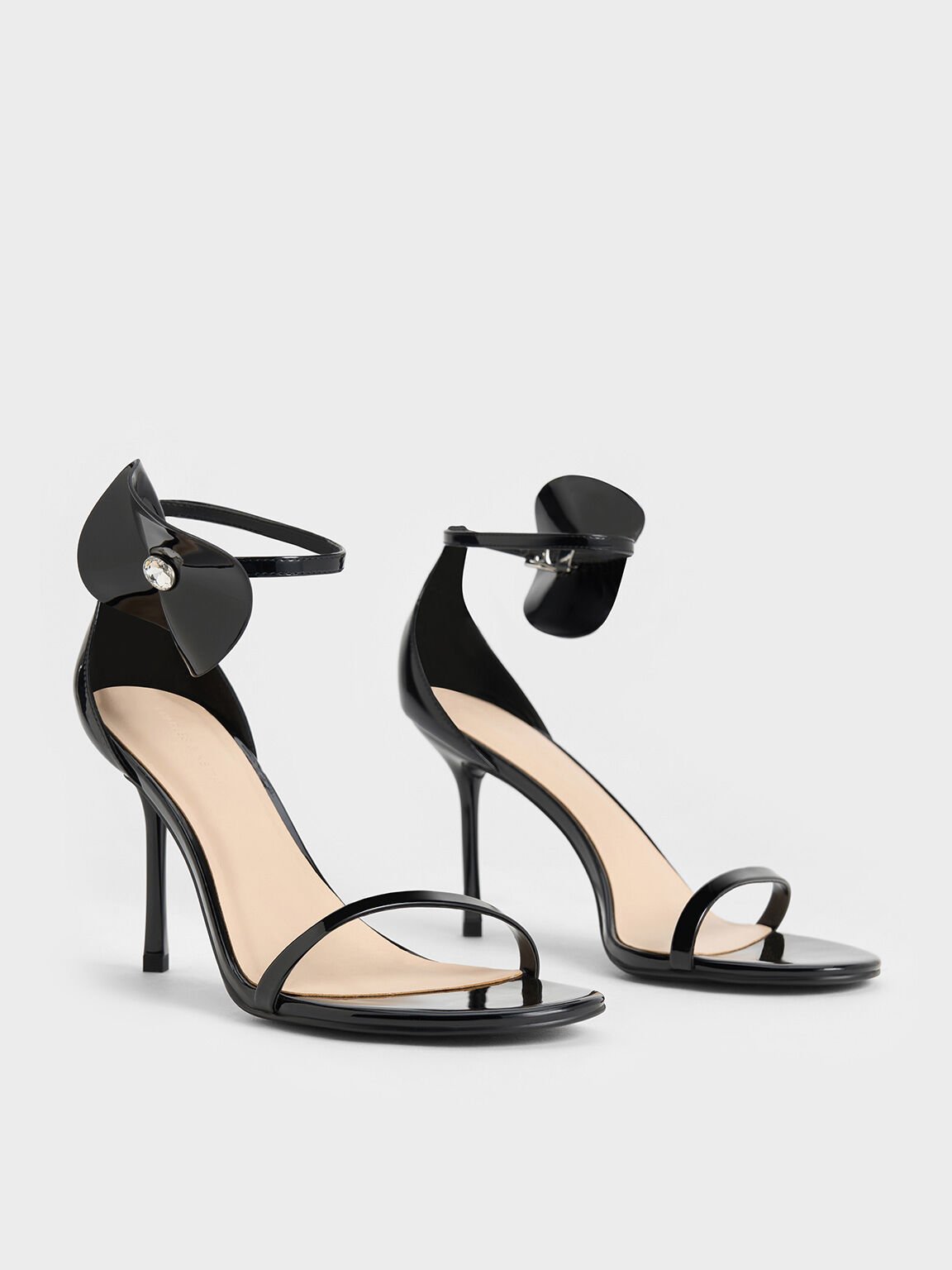 Patent Flower-Accent Stiletto-Heel Sandals, Black Patent, hi-res