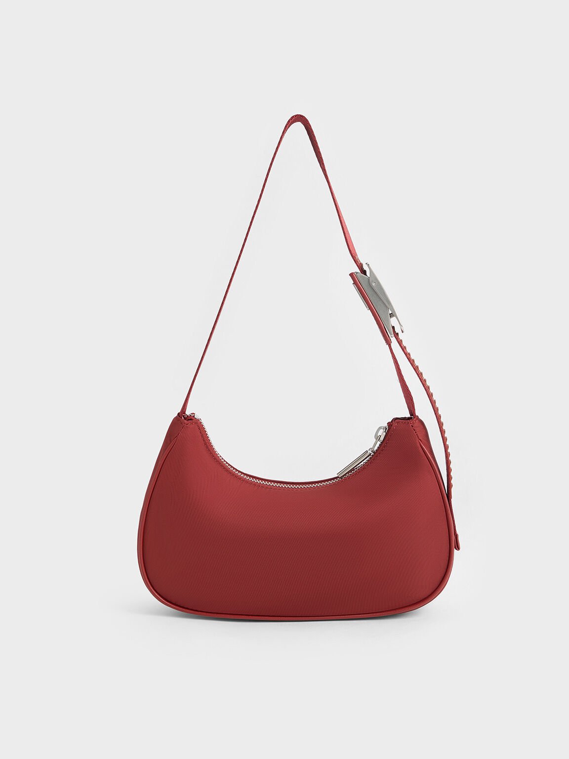 Nylon Curved Metallic-Accent Shoulder Bag, Red, hi-res