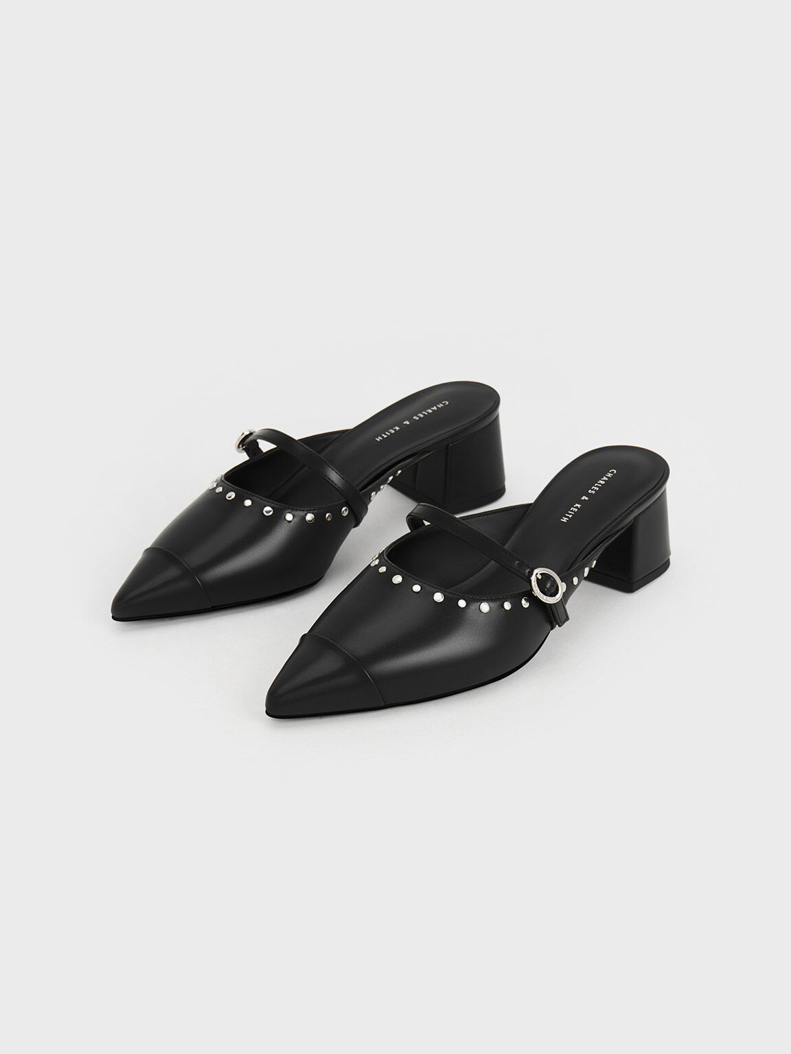 Studded Pointed-Toe Block Heel Mules, สีดำ, hi-res