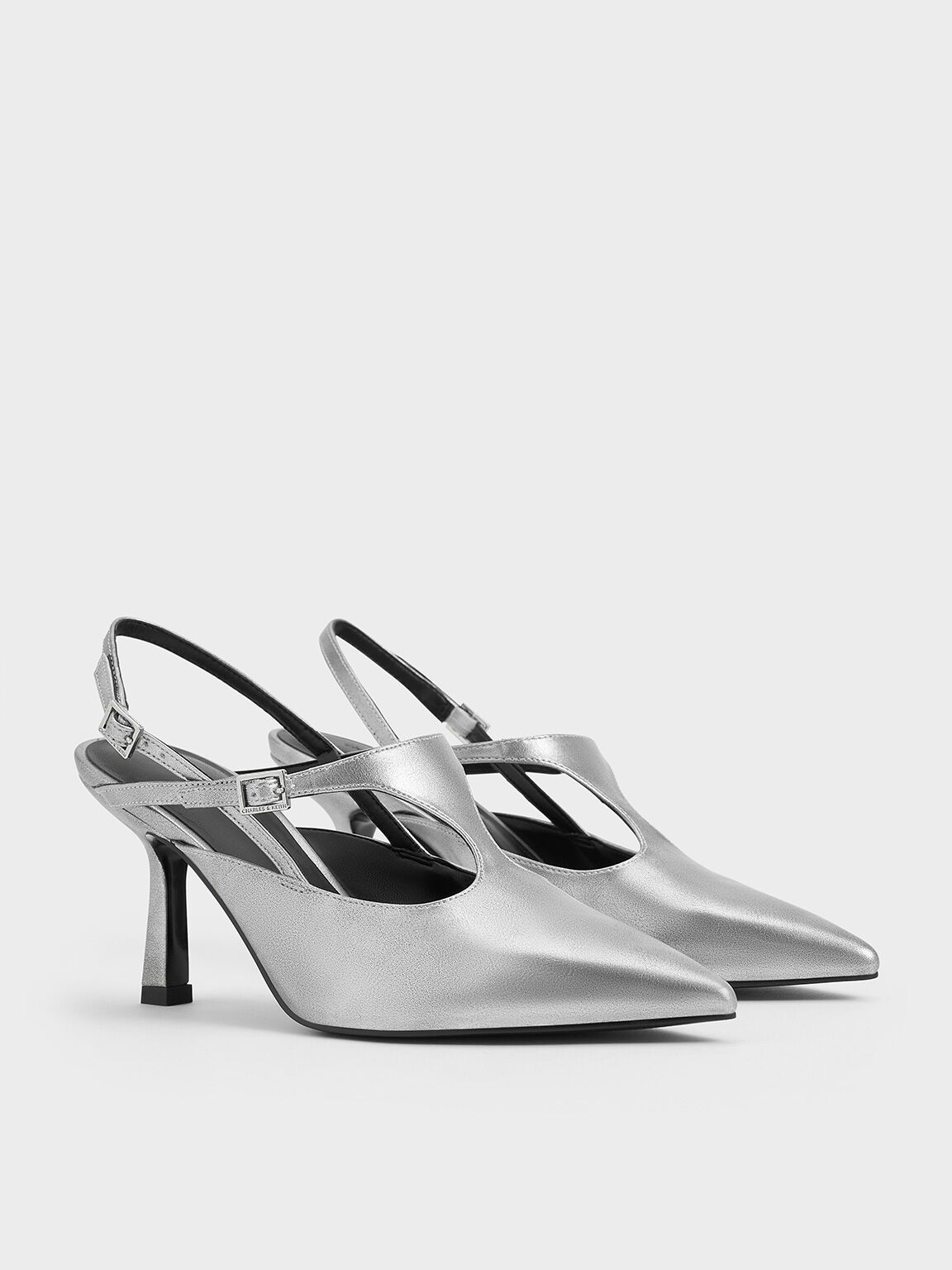 Metallic Cut-Out Pointed-Toe Slingback Pumps, Silver, hi-res