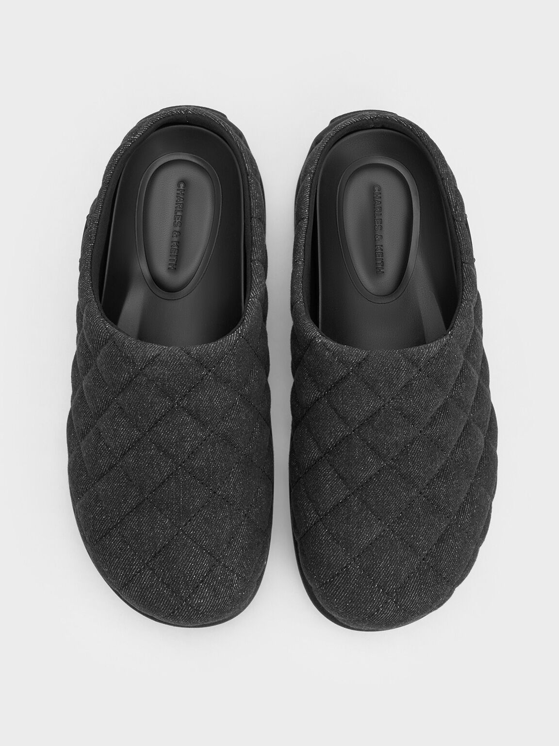 Quilted Flatform Mules, Black Textured, hi-res