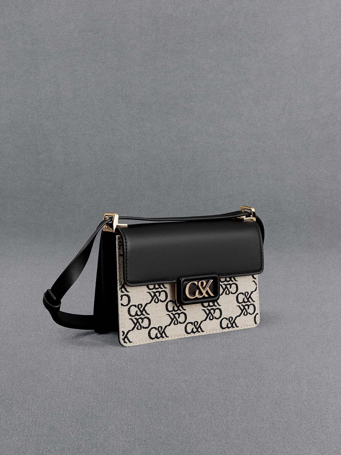 Leather & Canvas Monogram Boxy Bag, Black, hi-res