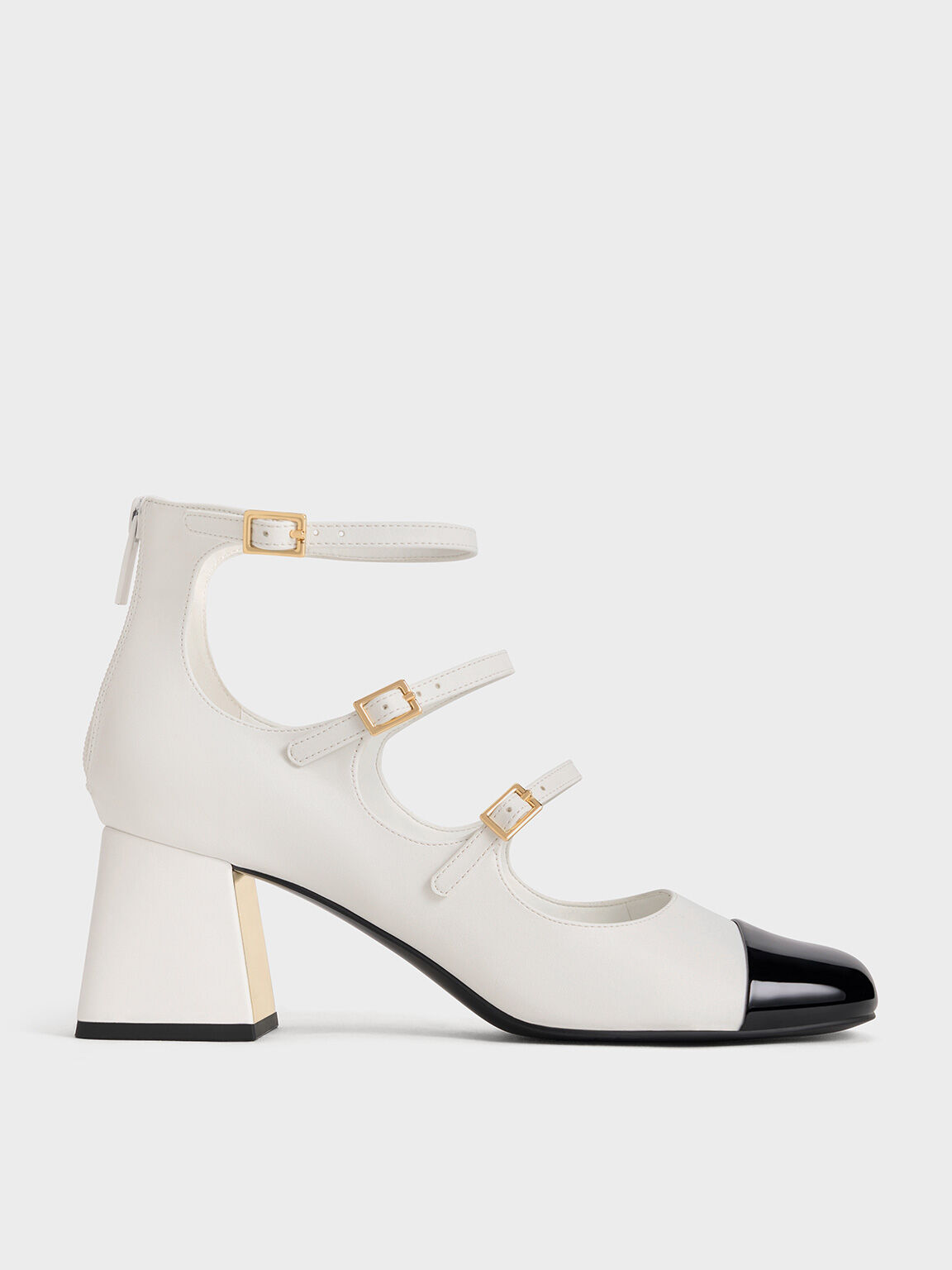 Patent Triple-Strap Cap-Toe Mary Jane Pumps, White, hi-res