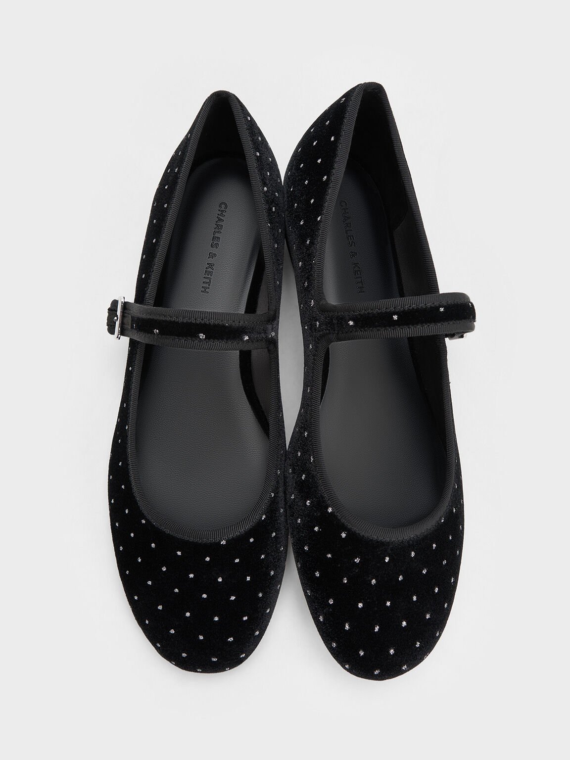 Velvet Dotted Buckled Mary Jane Flats, Black Textured, hi-res