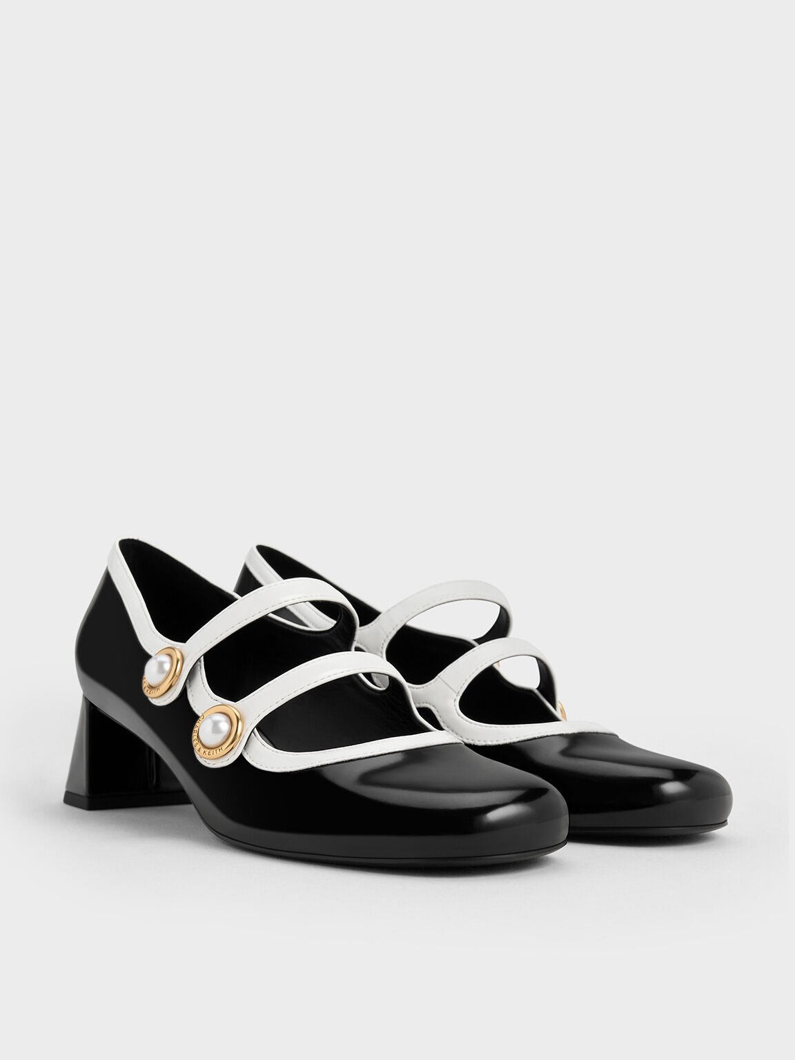 Pearl-Buckle Two-Tone Mary Jane Pumps, Black Boxed, hi-res