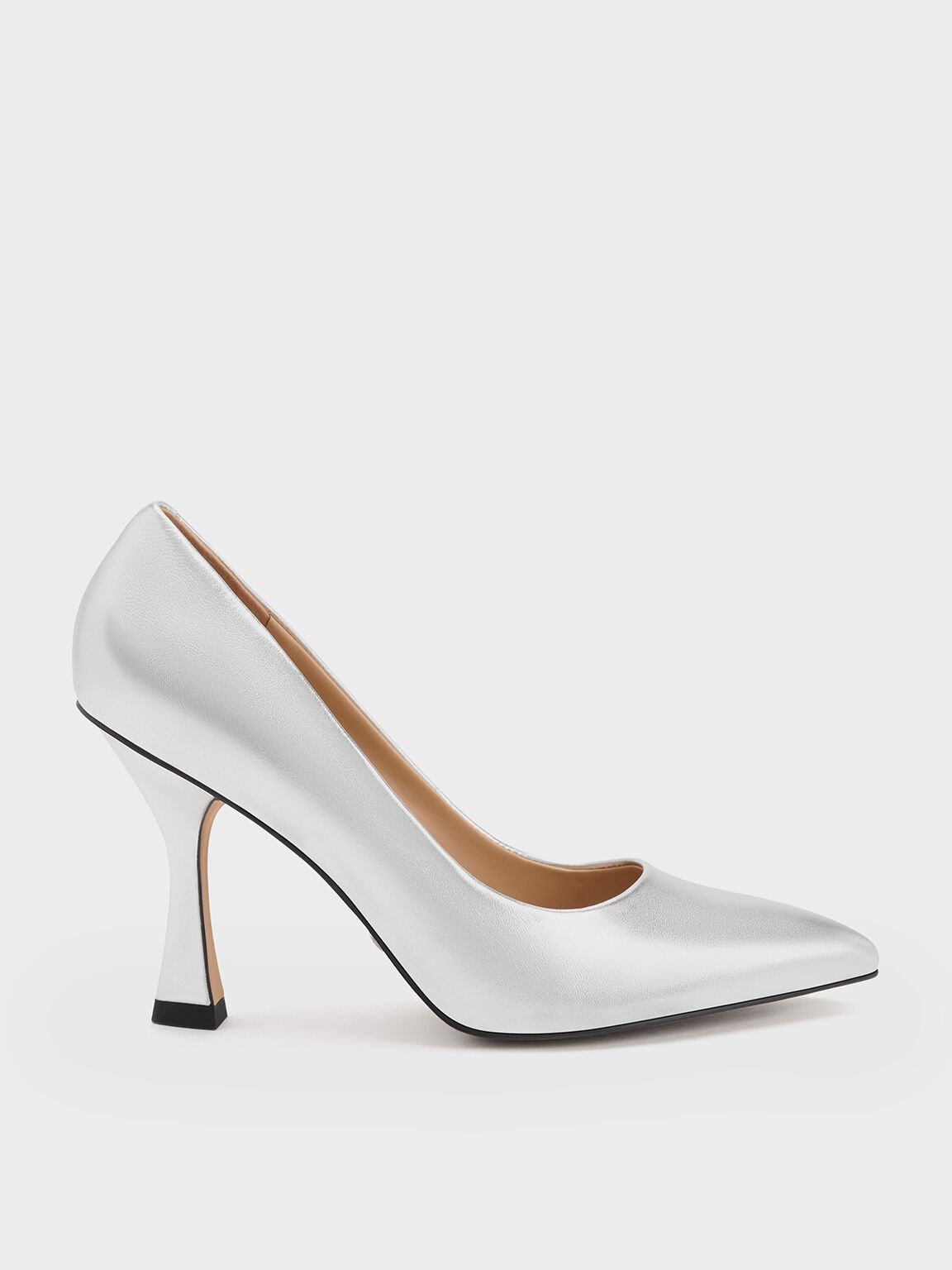 Metallic Leather Flared Heel Pumps, Silver, hi-res