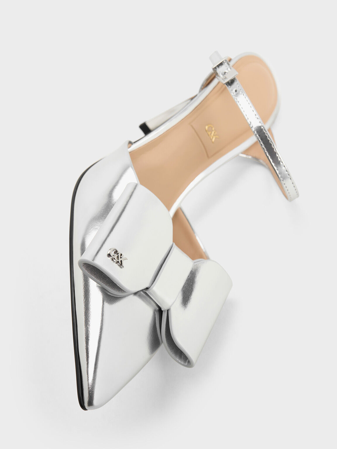 Lu Metallic Leather Bow Blade-Heel Mules, Silver, hi-res