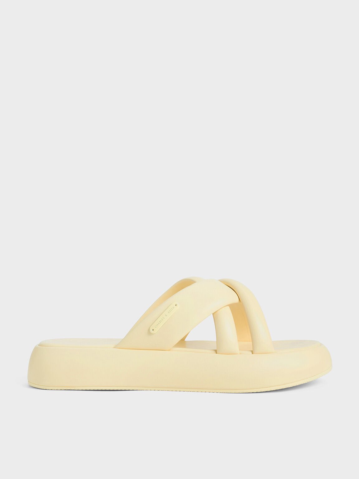 Puffy Crossover-Strap Slide Sandals, Butter, hi-res
