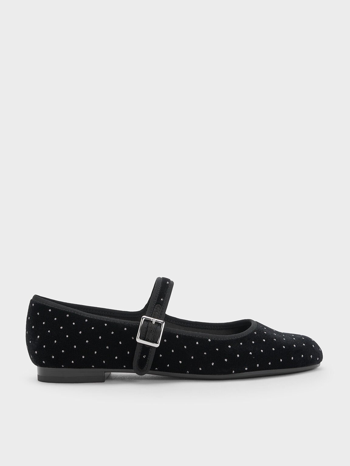 Velvet Dotted Buckled Mary Jane Flats, Black Textured, hi-res