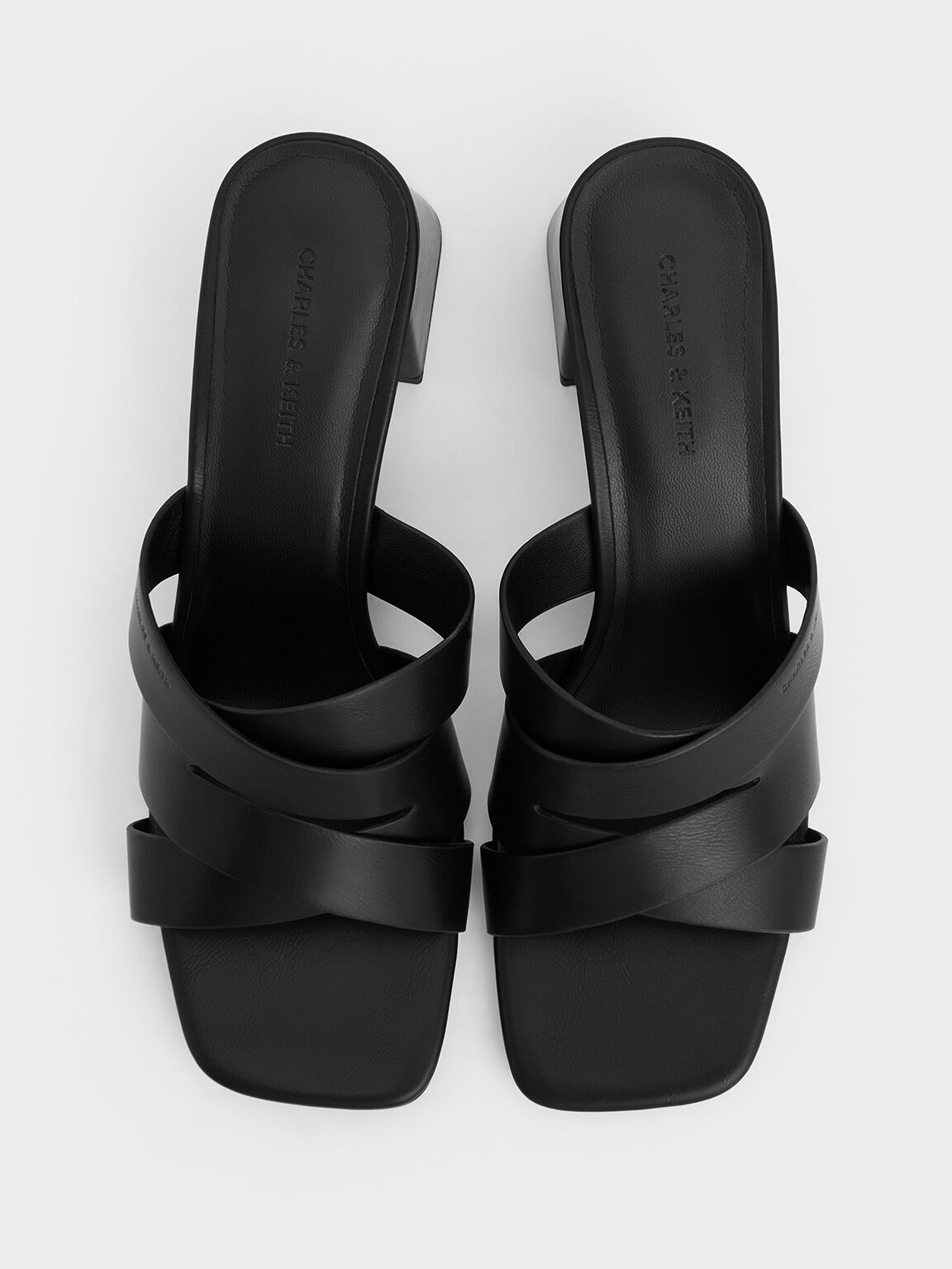 Crossover-Strap Square-Toe Block-Heel Mules, Black, hi-res