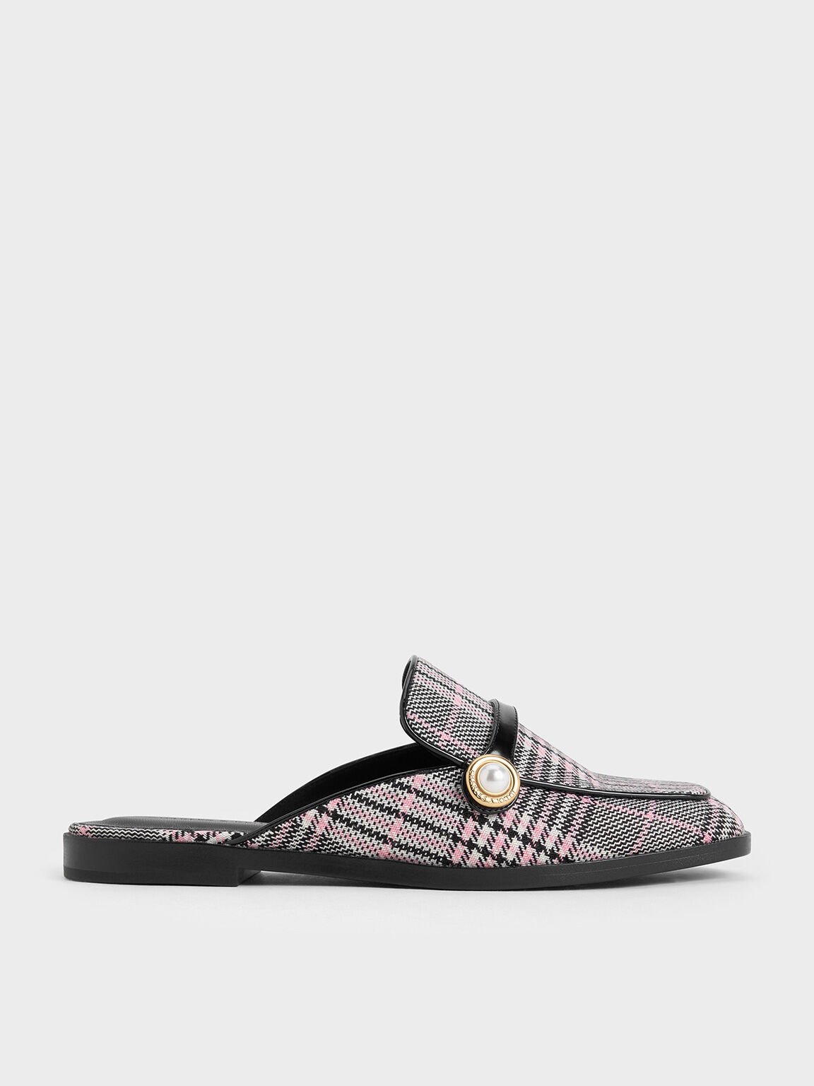 Plaid Pearl-Embellished Loafer Mules, Pink, hi-res