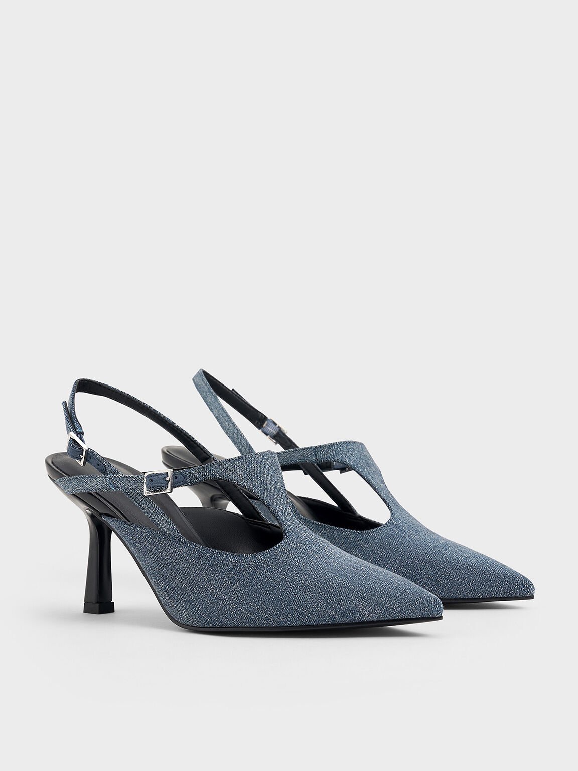 Denim Cut-Out Pointed-Toe Slingback Pumps, Denim Blue, hi-res