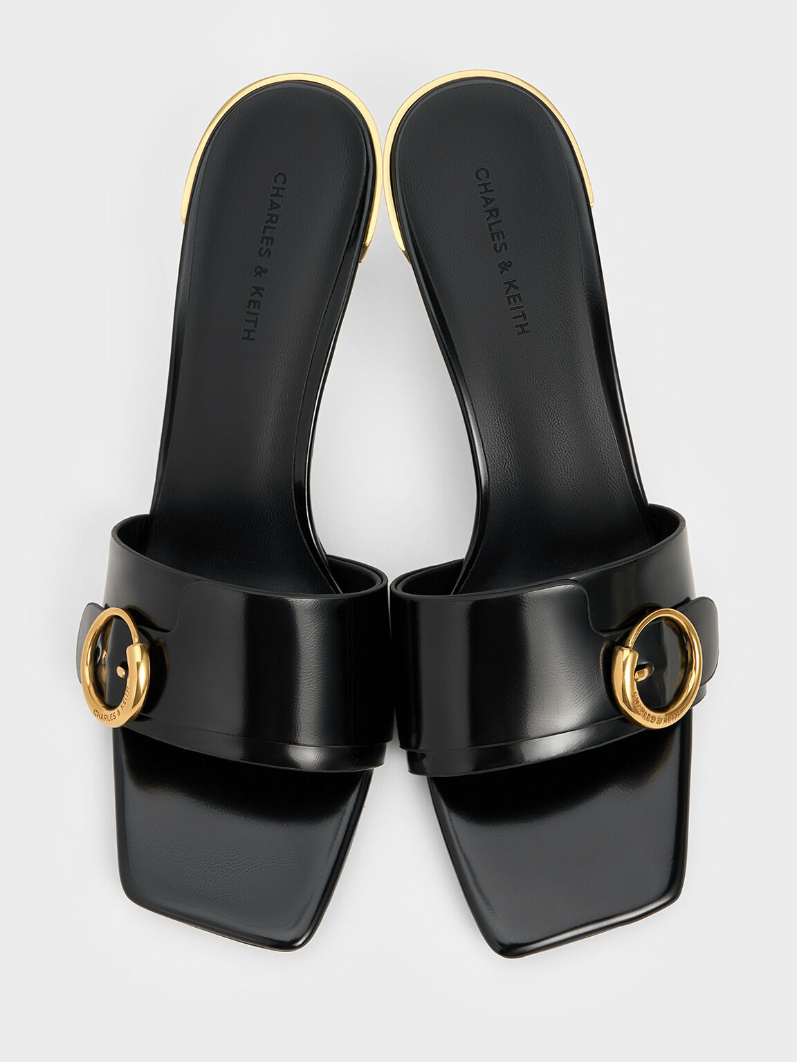 Metallic-Accent Buckled Square-Toe Mules, Black Boxed, hi-res