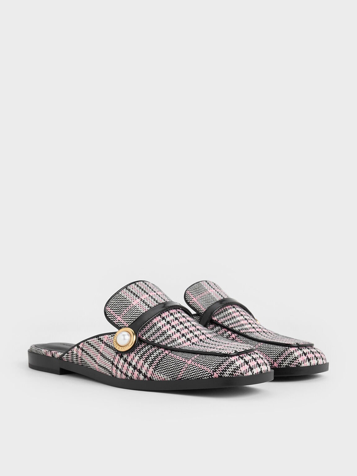 Plaid Pearl-Embellished Loafer Mules, Pink, hi-res