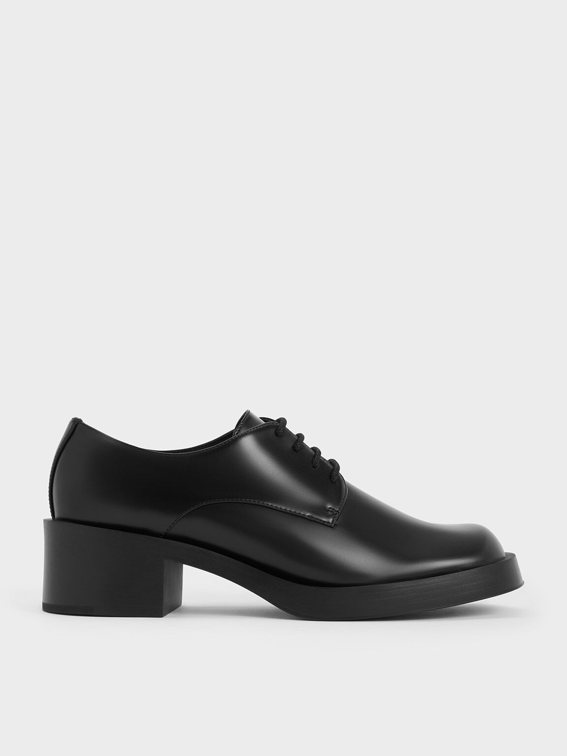Black Boxed Block Heel Lace-Up Oxfords - CHARLES & KEITH TH