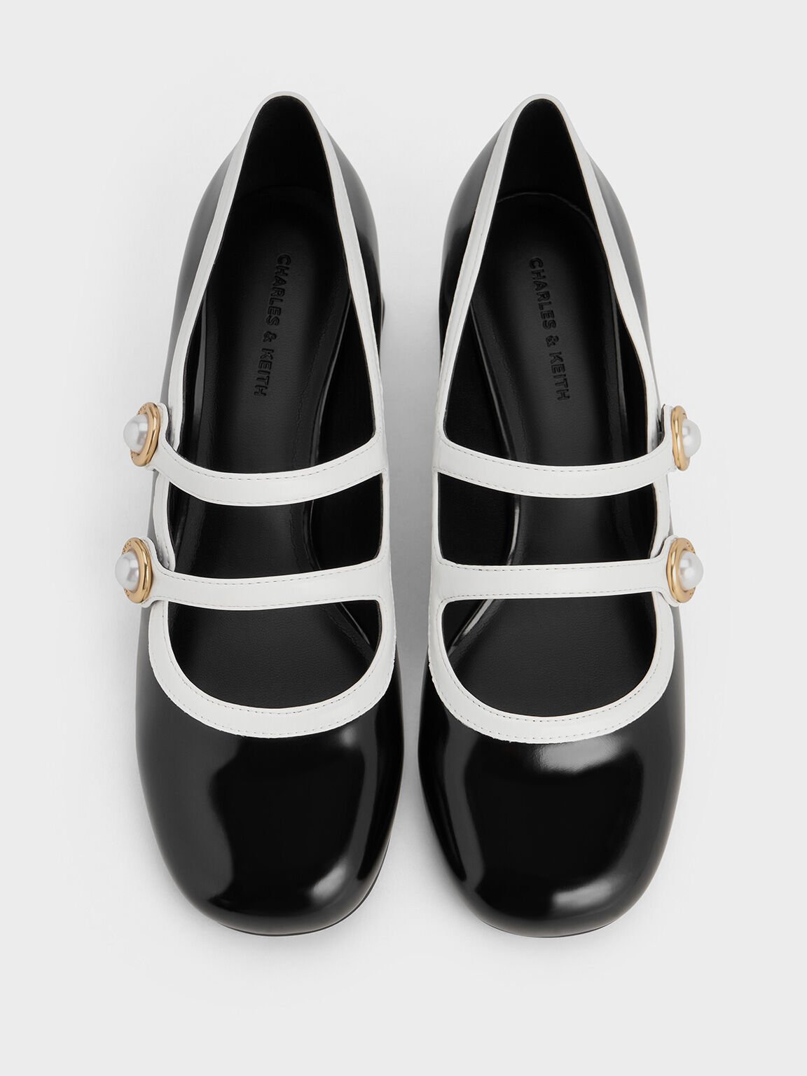 Pearl-Buckle Two-Tone Mary Jane Pumps, Black Boxed, hi-res