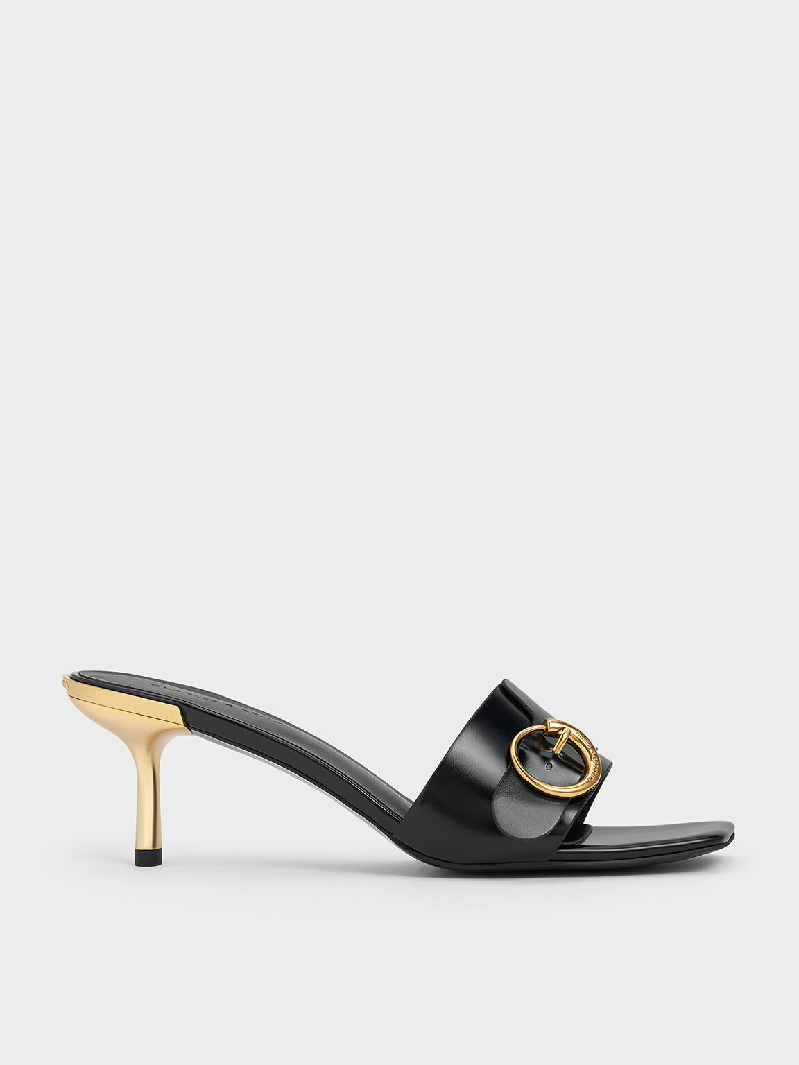 Metallic-Accent Buckled Square-Toe Mules, Black Boxed, hi-res