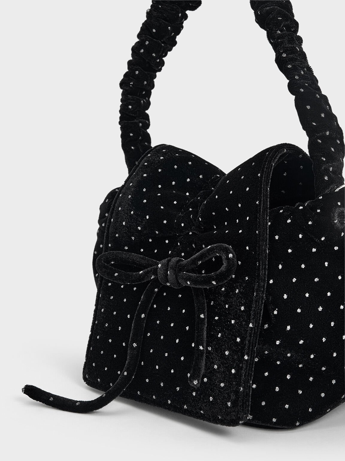 Velvet Dotted Bow Ruched Top Handle Bag, Black Textured, hi-res