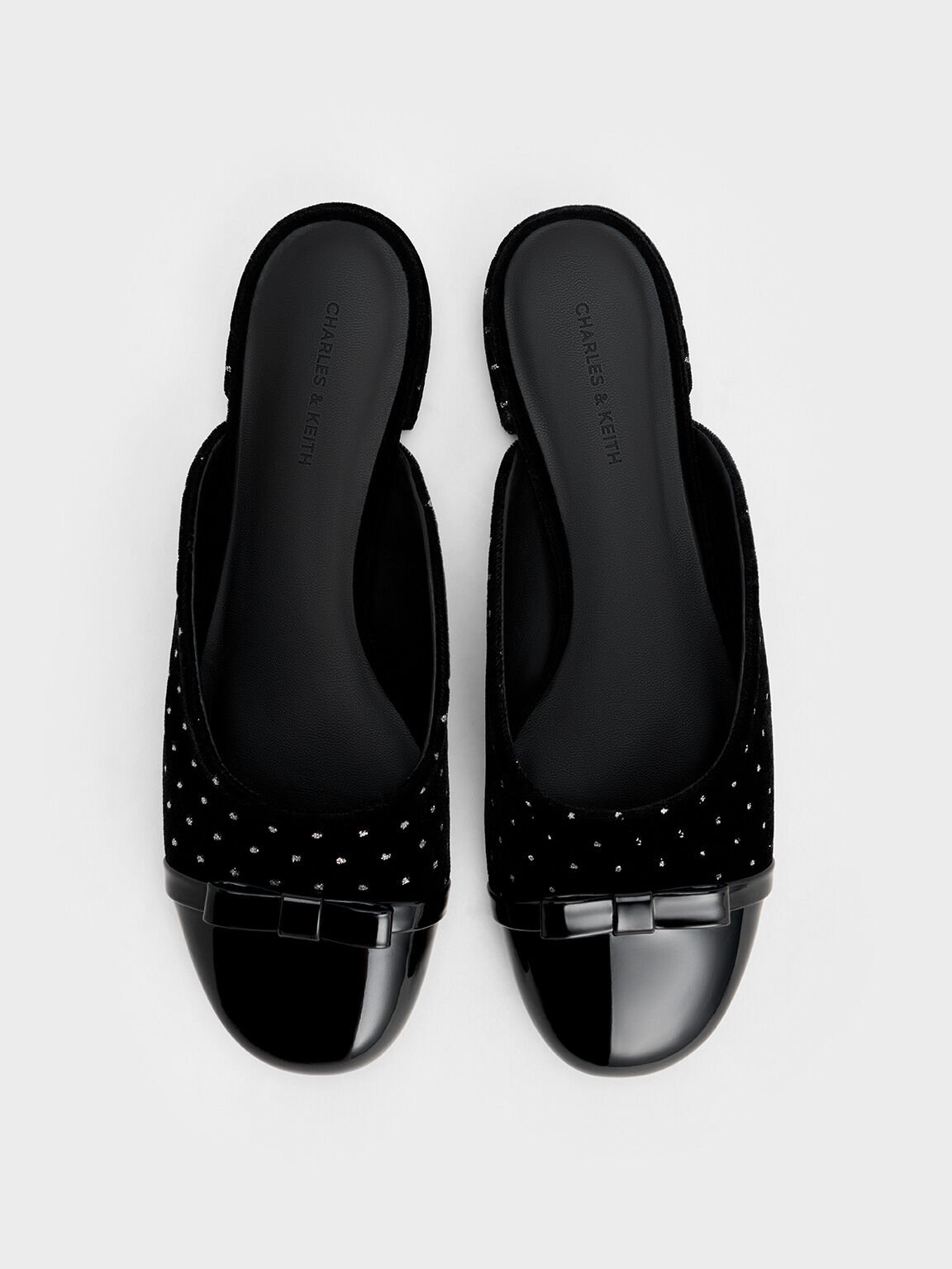 Bow Dotted Cap-Toe Mules, Black Textured, hi-res