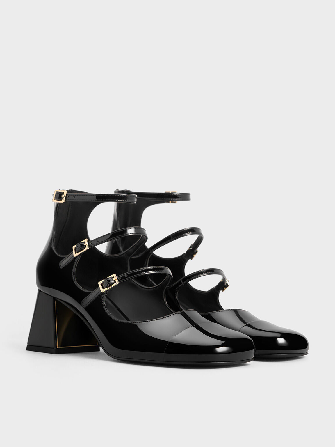 Patent Triple-Strap Cap-Toe Mary Jane Pumps, Black Patent, hi-res