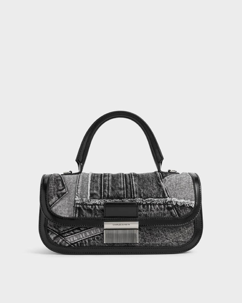 Women’s Charlot patchwork denim elongated top handle bag in noir - CHARLES & KEITH