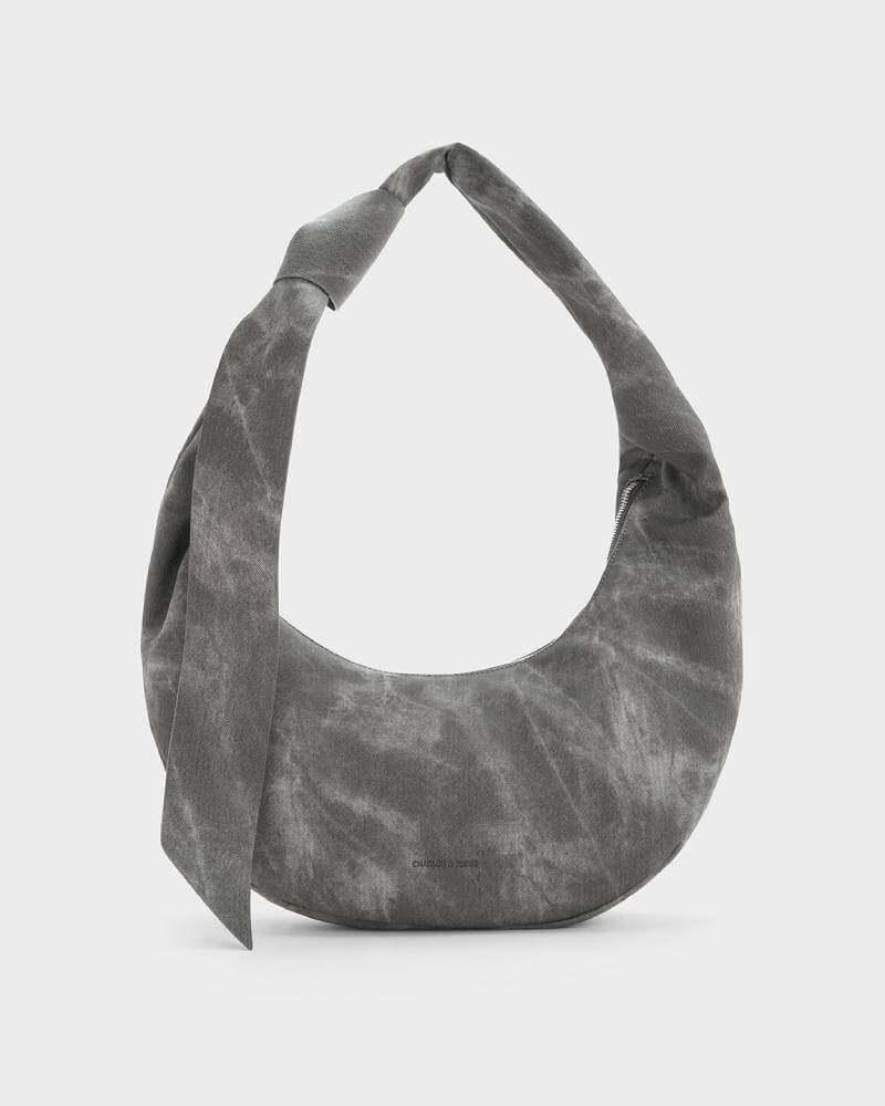 Women’s Toni denim knotted curved hobo bag in dark grey - CHARLES & KEITH