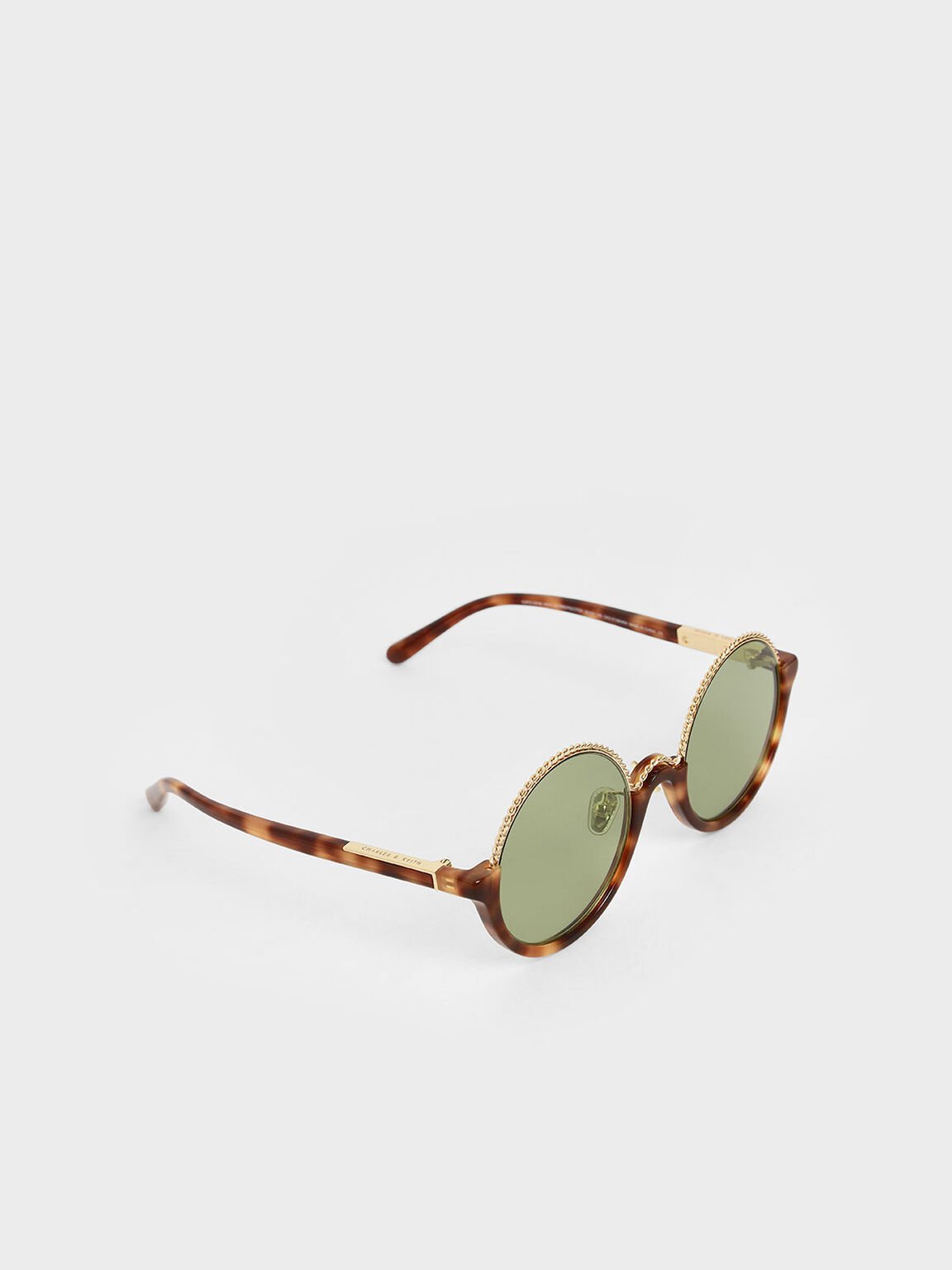 Tortoiseshell Half Frame Embellished Round Sunglasses - T. Shell