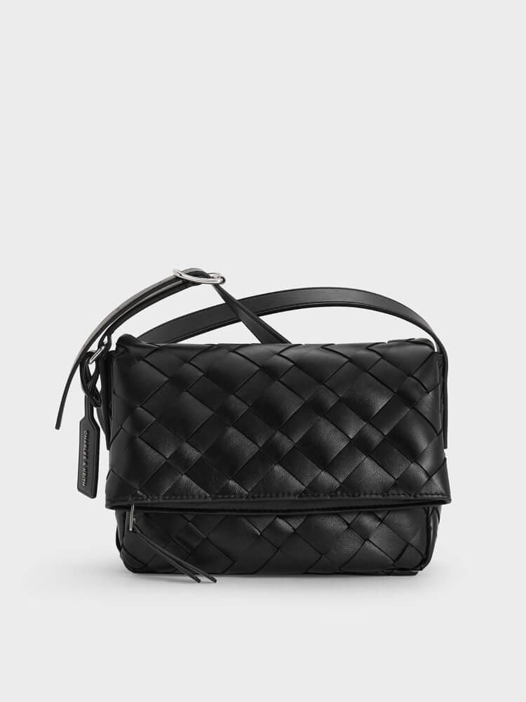 Chocolate Ivette Woven Front Flap Crossbody Bag - CHARLES & KEITH