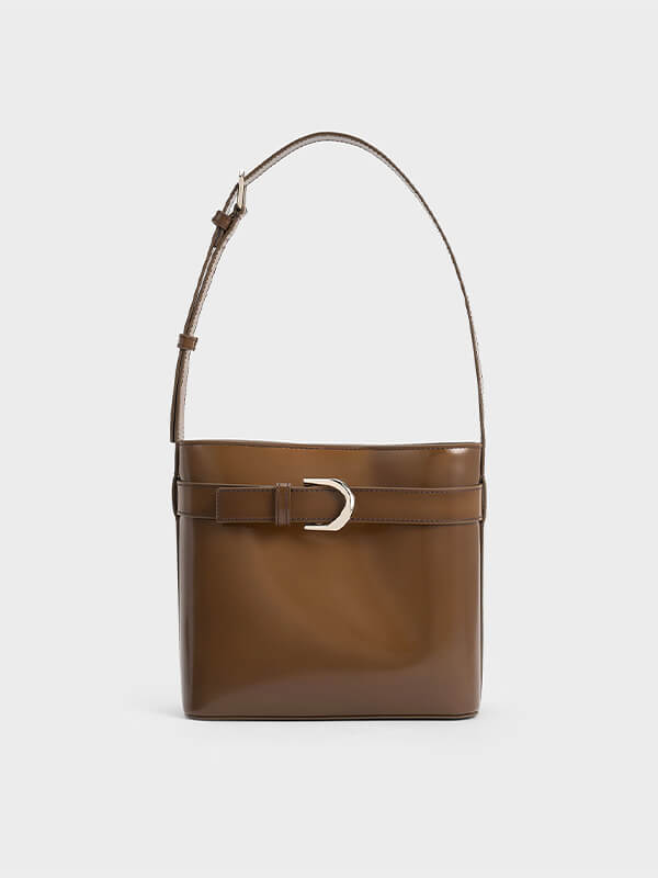 Women's White Gabine Leather Belted Bucket Bag - CHARLES & KEITH