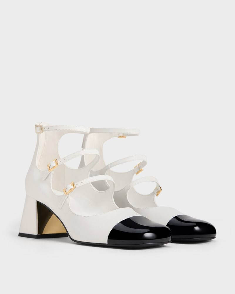 Women’s patent triple-strap cap-toe Mary Jane pumps in white - CHARLES & KEITH