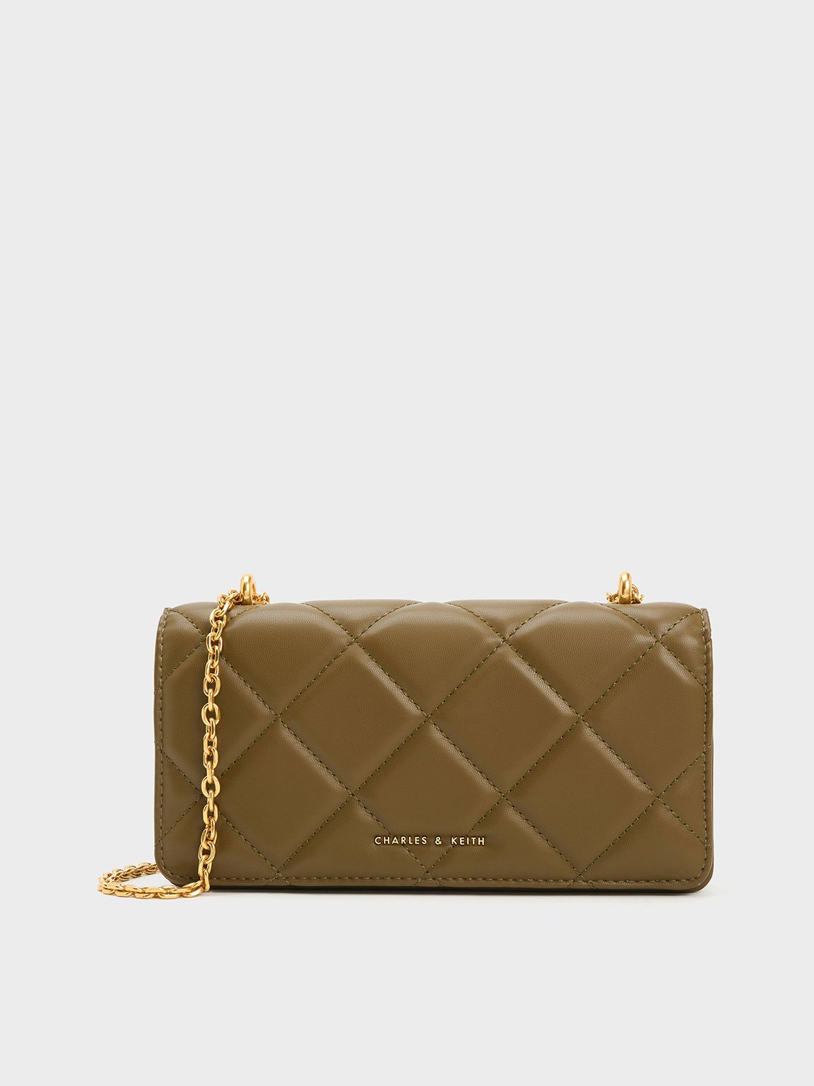 Khaki Paffuto Chain Handle Quilted Long Wallet - CHARLES 