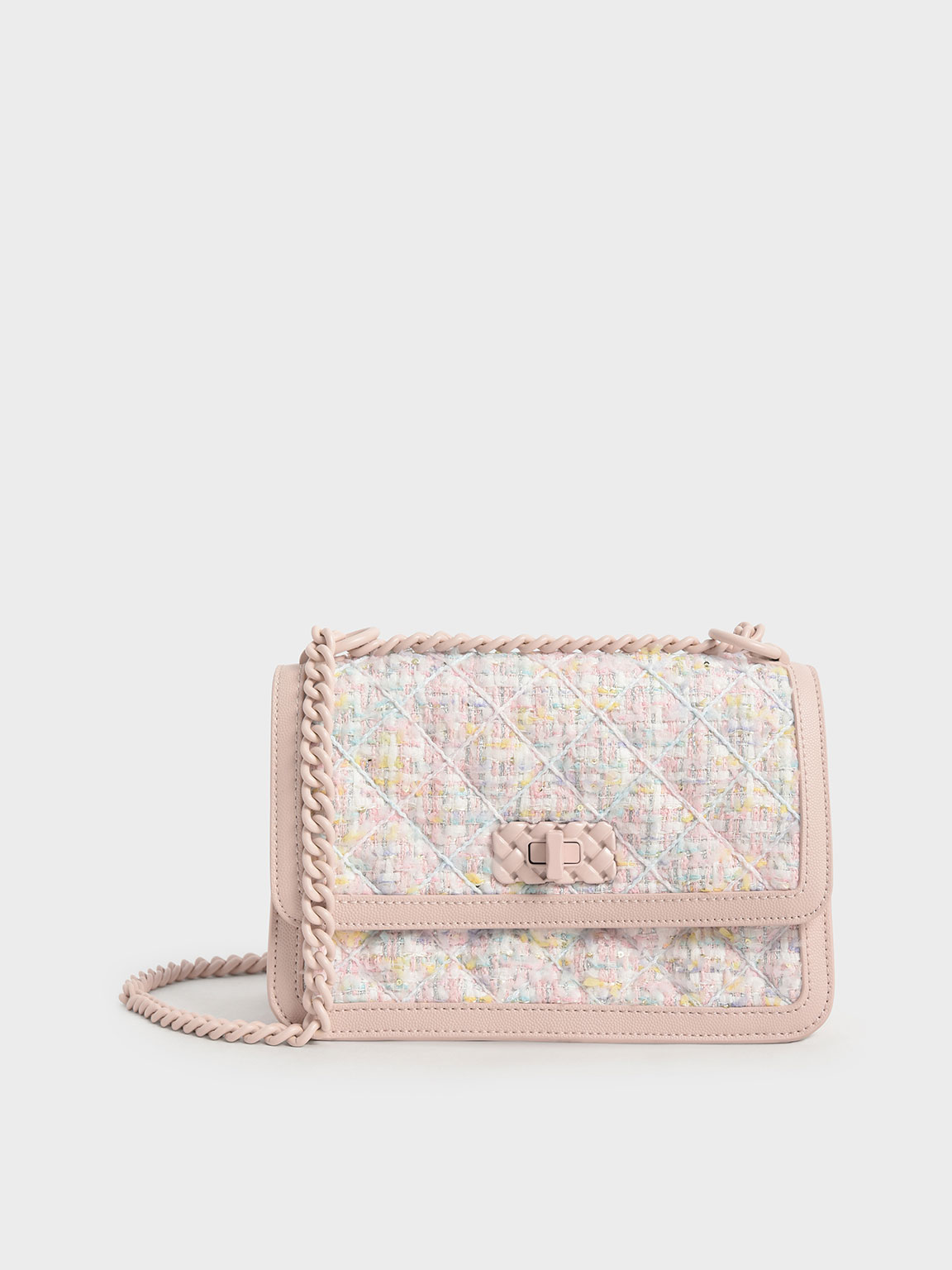 Light Pink Micaela Tweed Quilted Chain Bag - CHARLES & KEITH TH