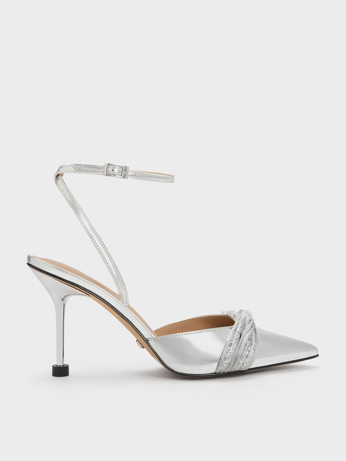 Silver Leda Beaded Leather Ankle-Strap Pumps - CHARLES & KEITH TH