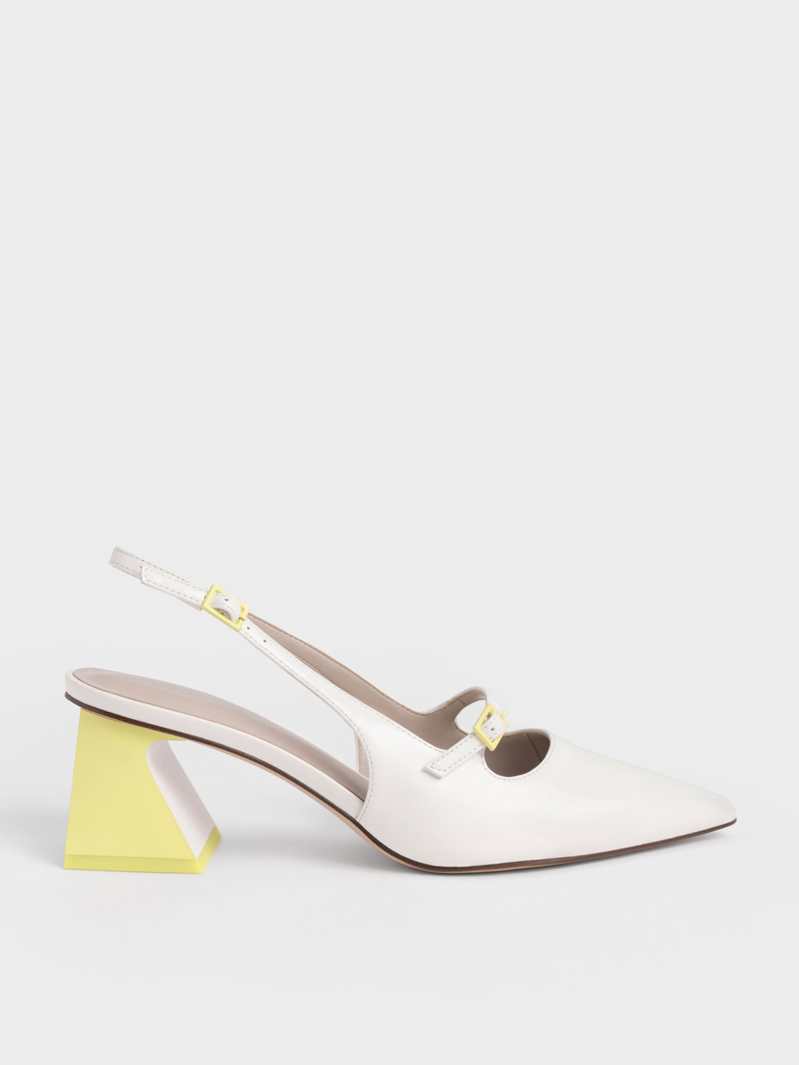 White Two-Tone Trapeze Heel Slingback Pumps - CHARLES & KEITH TH