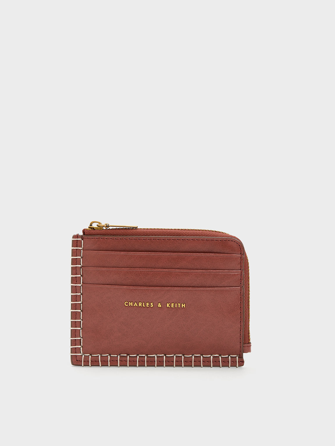 Mocha Circe Stitch-Trim Zip Around Card Holder - CHARLES & KEITH TH