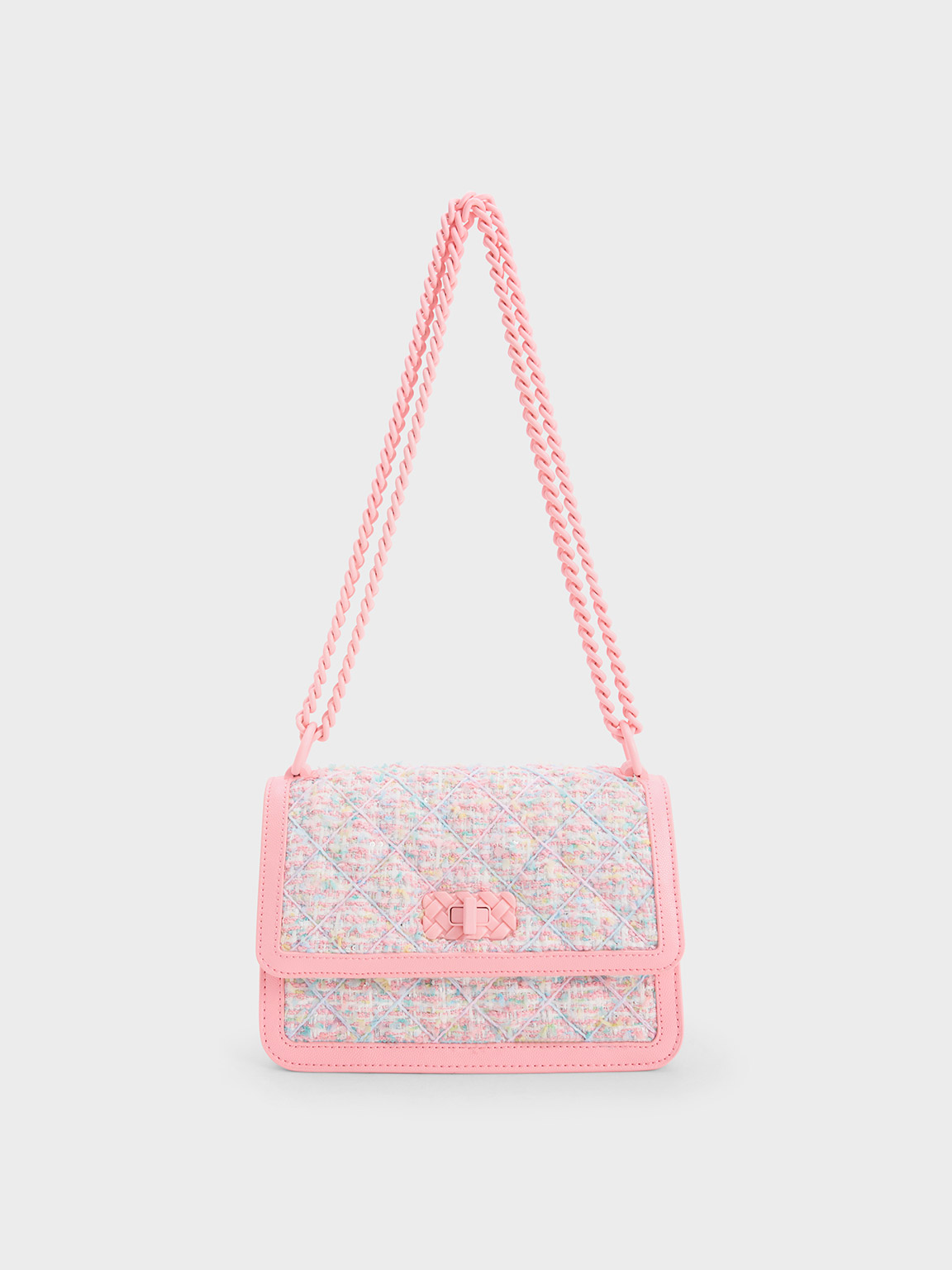 Micaela Tweed Quilted Chain Bag, Light Pink, M