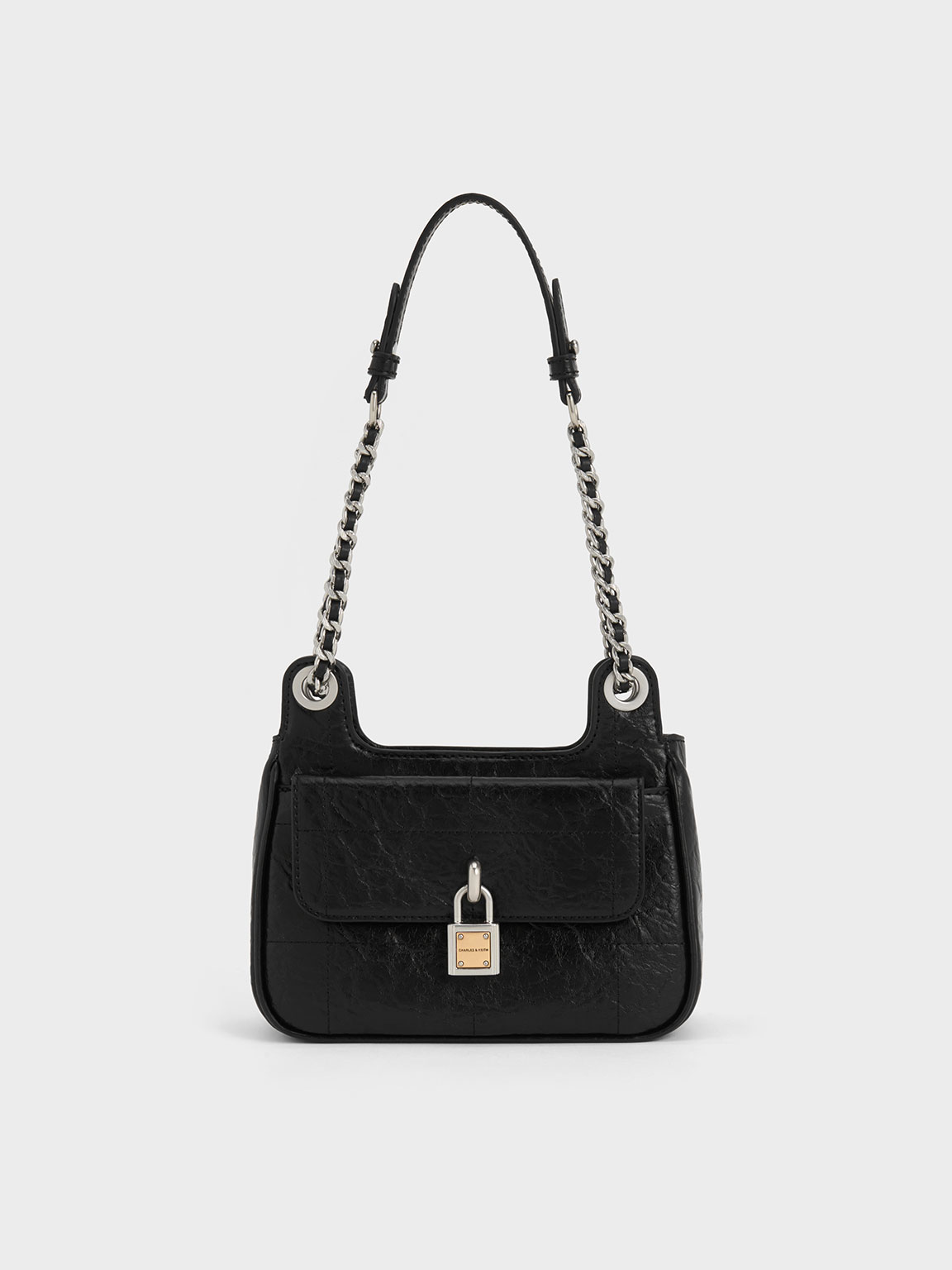 Noir Suki Crinkle-Effect Padlock Shoulder Bag - CHARLES & KEITH TH