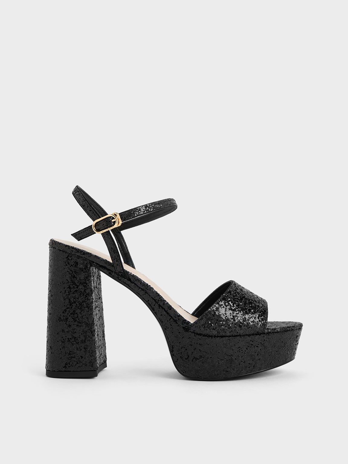 รองเท้าแตะ Black Textured Glittered Ankle-Strap Platform Sandals ...